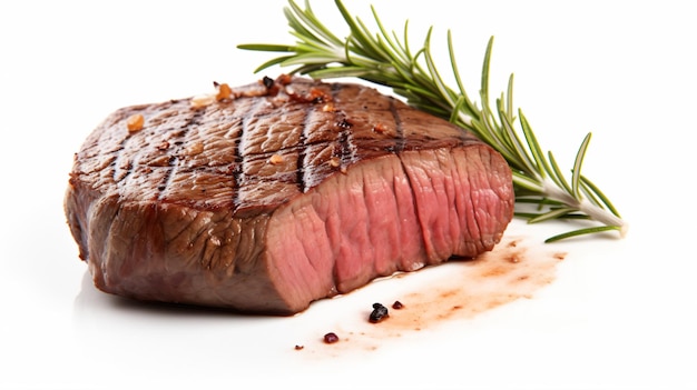 a piece of steak with a sprig of rosemary