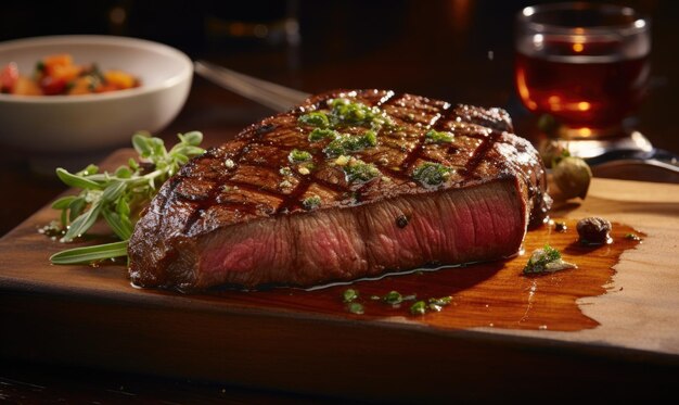 A piece of steak on a wooden cutting board