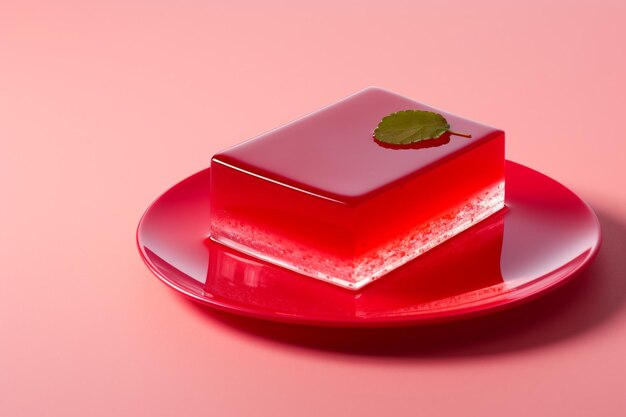 A piece of strawberry jelly cake on white plate against red backdrop