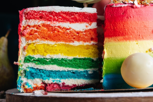 A piece of striped rainbow cake