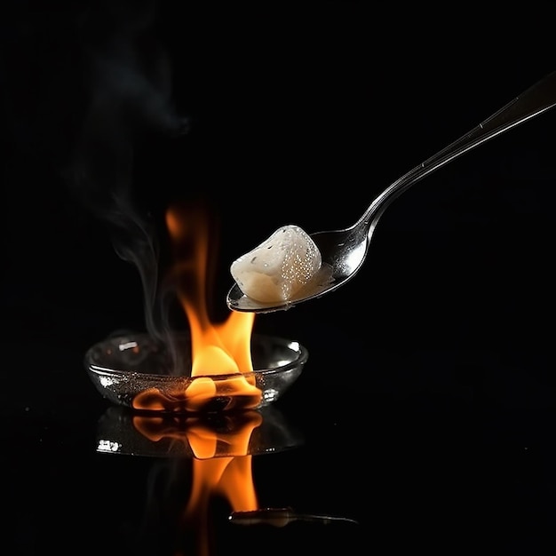 Piece of sugar in a spoon melts over a fire on a black background closeup