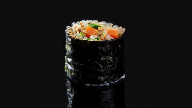 a piece of sushi with rice and vegetables on it