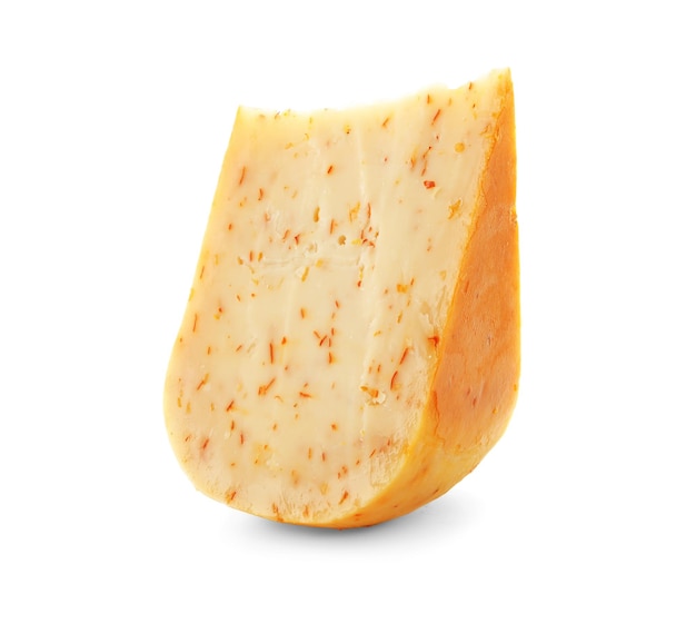 Piece of tasty cheese on white background