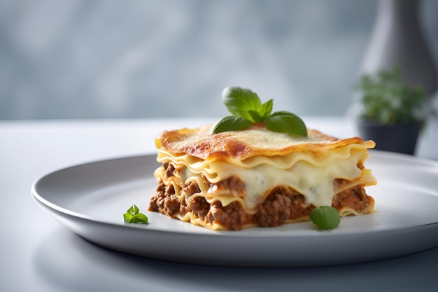 Piece of tasty hot lasagna served on a plate Italian cuisine menu recipe Homemade meat lasagna