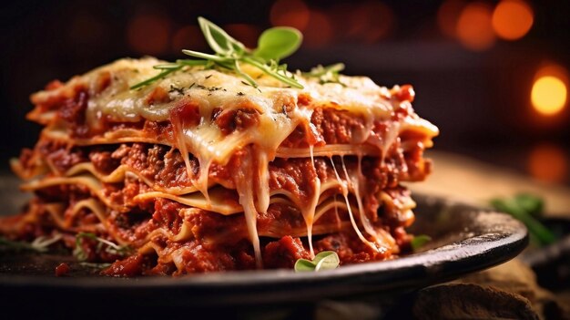 Piece of tasty hot lasagna served with a basil leaf on a black plate Italian cuisine