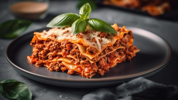 Photo piece of tasty hot lasagna served with a basil leaf