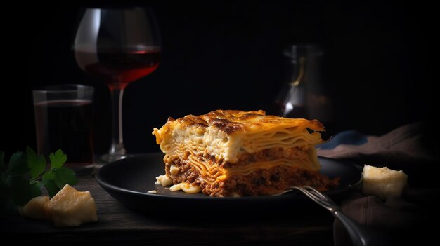 Piece of tasty hot lasagna with red wine small depth of field traditional italian lasagna italian food food on black plate bolognese sauce bechamel sauce generative ai