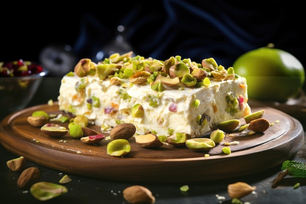 Piece of tasty Tahini halva with pistachios