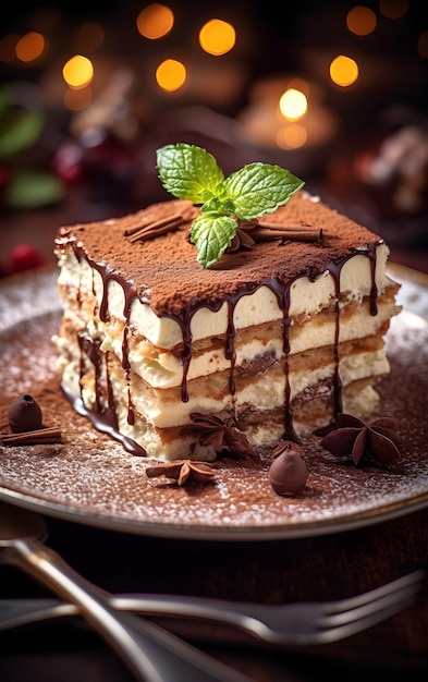 A piece of tiramisu on a plate with chocolate syrup and mint leaves