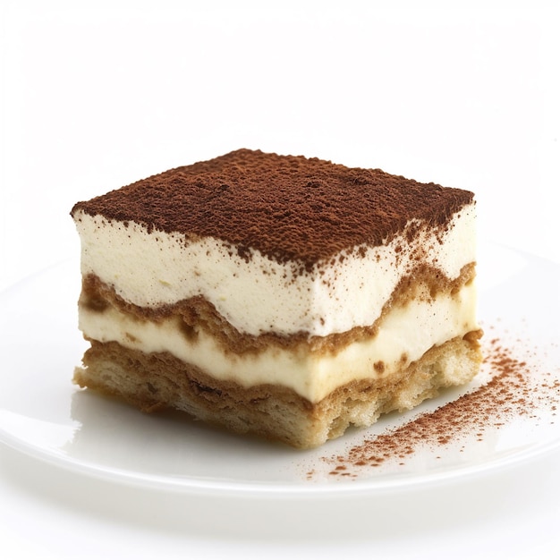 A piece of tiramisu with brown dust on it