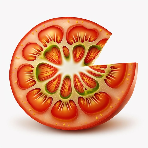 A piece of a tomato with a slice missing.