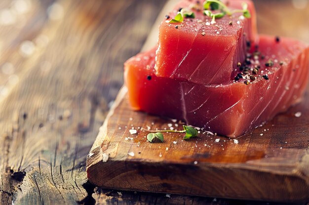 A piece of tuna on a wooden cutting board