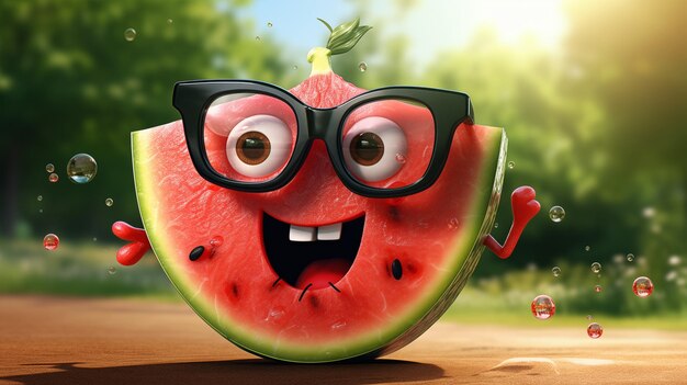 A piece of watermelon berry character with eyes cartoon watermelon copy space