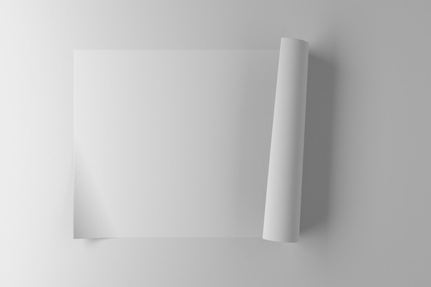 A piece of white paper with curved edges on white background 3d render image