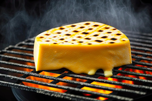 생성 AI로 만든 맛있는 간식을 위한 그릴에 있는 노란색 치즈 조각