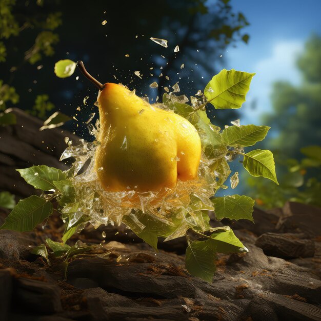 Photo piece of yellow melon and a pear collide uhd wallpaper