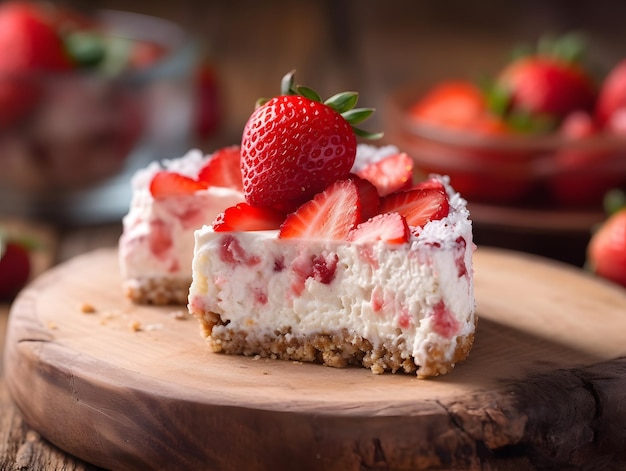 Un pezzo di yummy strawberry cheesecake su fondo in legno low key food photo generative ai