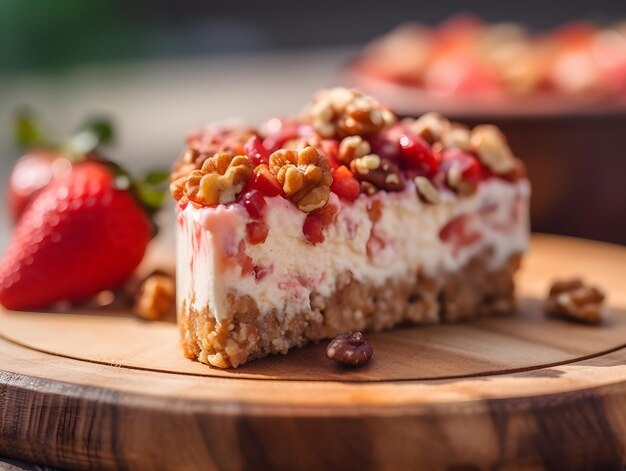 A piece of Yummy Strawberry Cheesecake on Wooden Background Low Key Food Photo Generative Ai