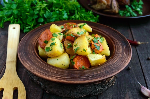 Pieces of baked potatoes and carrots on a plate