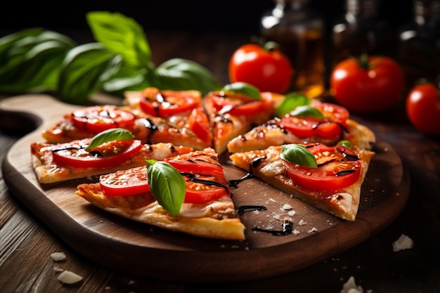 Кусочки черной пиццы с помидорами и базиликом