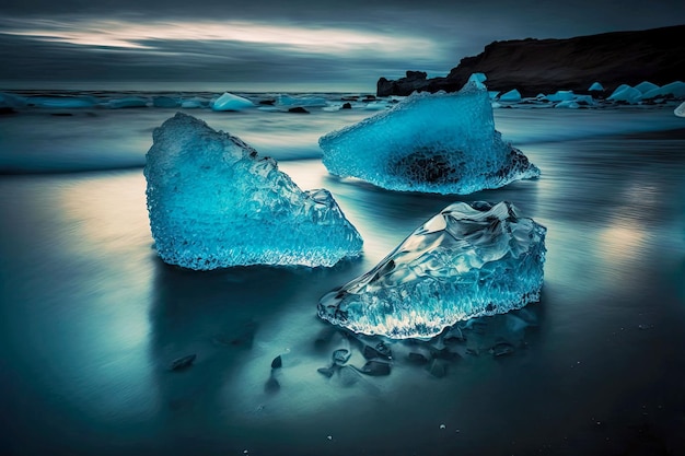 Pieces of blue ice floating in water near iceland beach