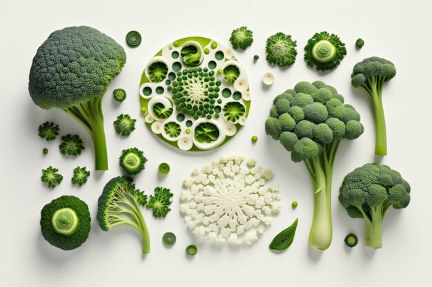 Pieces of broccoli arranged on a white background