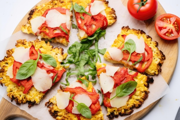 Pieces of a cauliflower pizza arranged in a circle