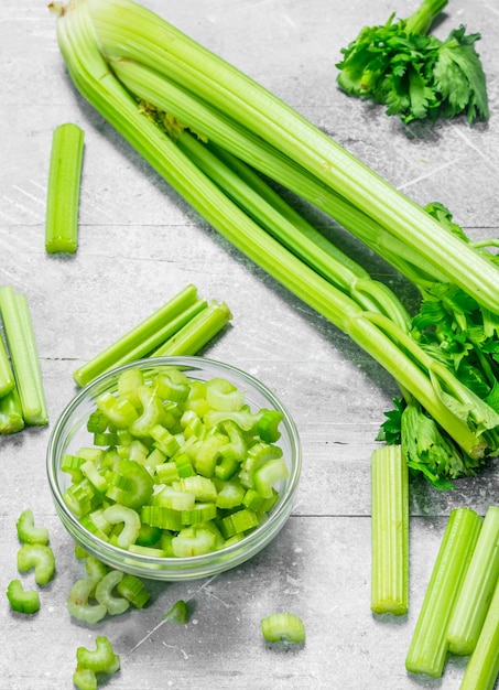 Pieces of celery in a glass bowl
