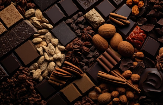 Pieces of chocolate bar Background with chocolate Pieces of assorted dark chocolate and cinnamon