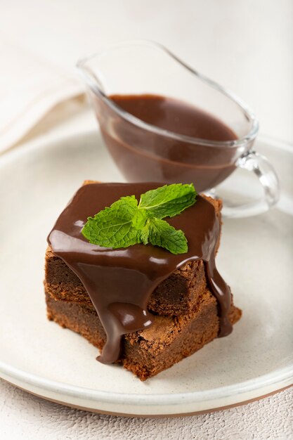 Pieces of chocolate brownies on the table