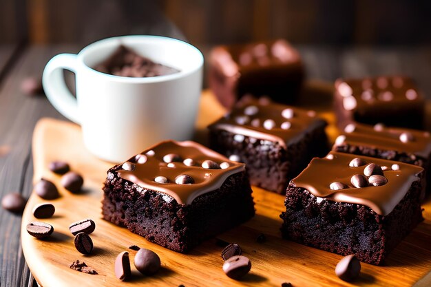 Pieces of chocolate cake next to cup of coffee