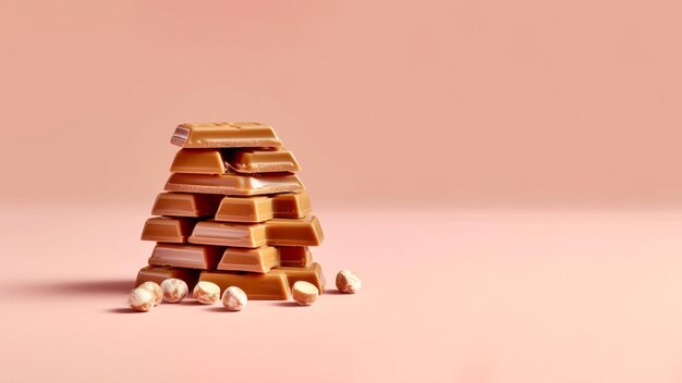 固体の背景にチョコレートの部分 チョコレートの日の生成 AI 映画のようなショット