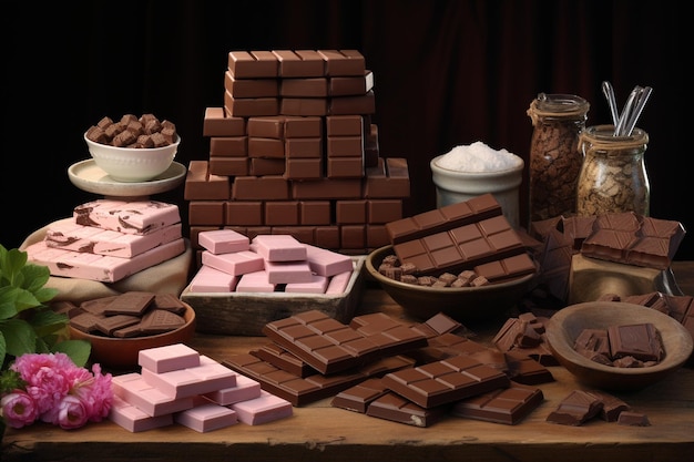 Pieces of chocolate tablet on a black wooden table and cacao sprinkled on top