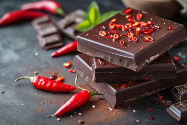 Pieces of chocolate with red chilli pepper Chunks of broken dark chocolate bar Generative AI