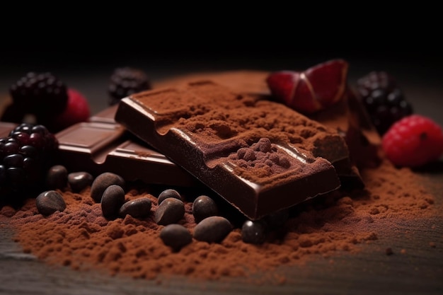 Кусочки темного шоколада и какао-порошка на деревянном столе