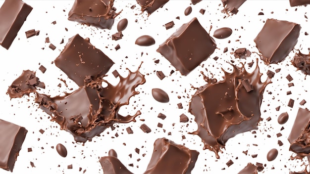 Pieces of dark chocolate falling close up on a white background Generated with AI