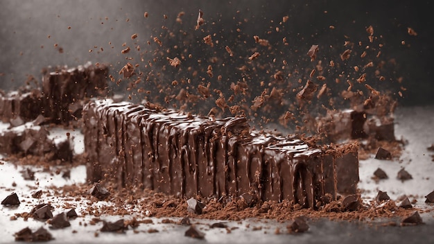 Pieces of dark chocolate falling close up on a white background Generated with AI