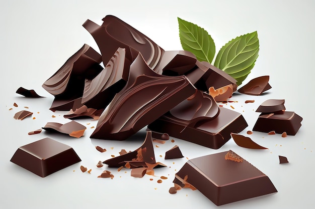 Pieces of dark chocolate isolated on white background Generative Ai