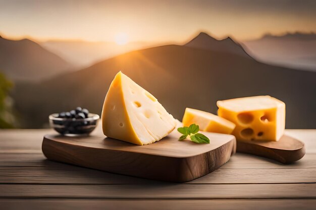 Pieces of delicious cheese and knife on wooden table Space for text