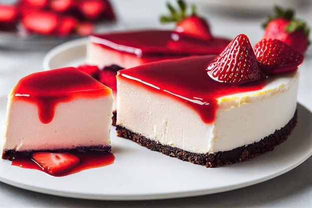 Photo pieces of delicious cheesecake with bright thick strawberry syrup and fresh berries