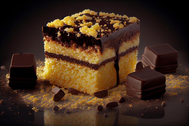 Pieces of delicious sponge cake crumbs with chocolate