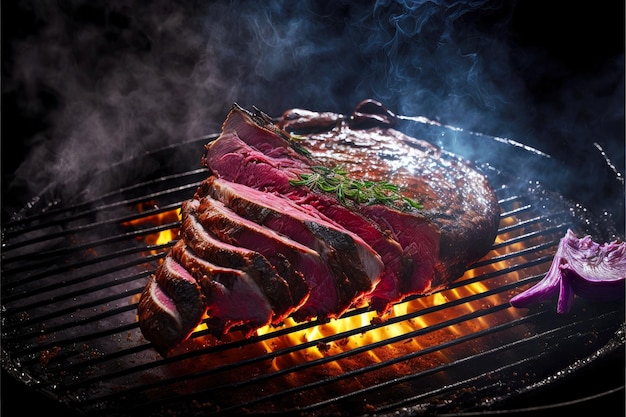 Pieces of delicious tender pink steak on smoker grill