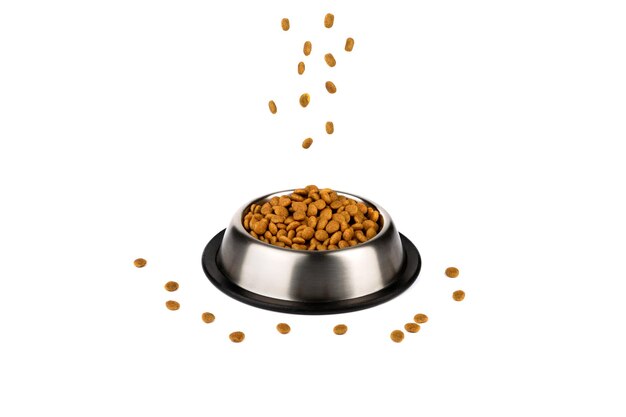 Pieces of dry food for cats and dogs fall into a bowl on a white background.