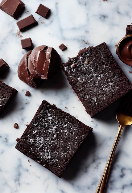 Pieces of fresh brownie on marble background