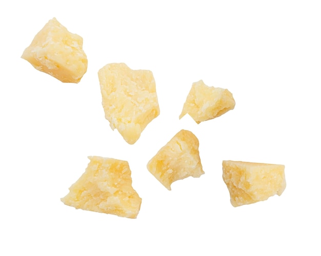 Pieces of fresh natural parmesan cheese isolated on white clipping path