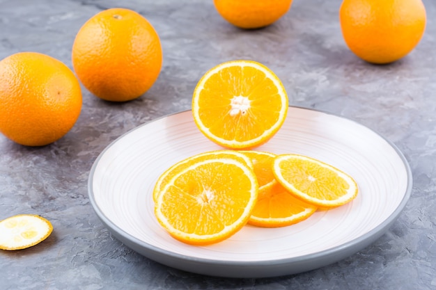 Pieces of fresh orange on a plate on the table