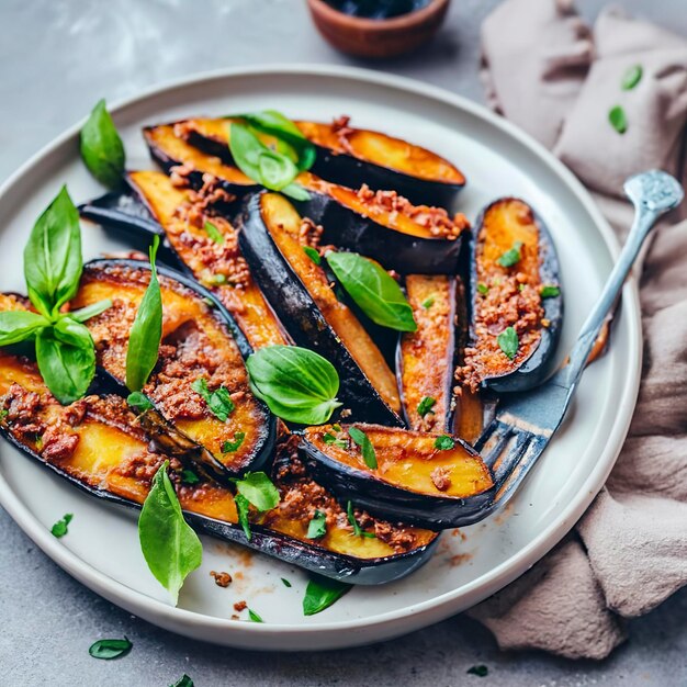 Pieces of fried eggplant with spices and basil on a plate on the table