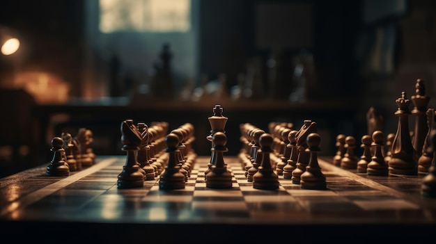 Фрагменты игры в шахматы на фоне размытого вечернего города Аль сгенерированы