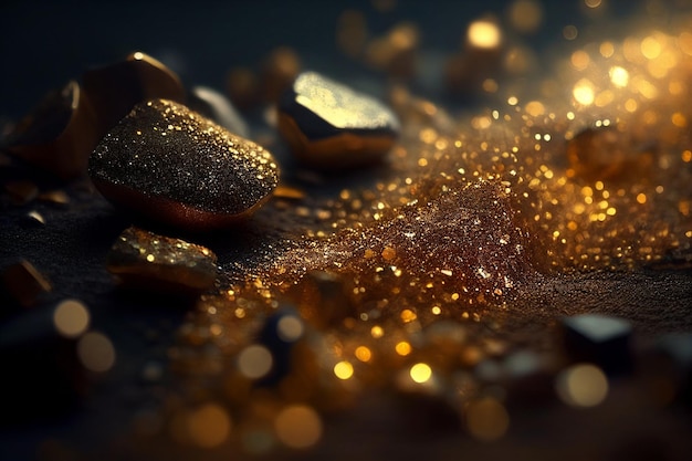 Pieces of golden nuggets Golden dust Abstract background