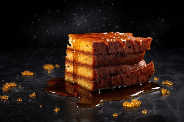 Pieces of honey cake on dark textured background